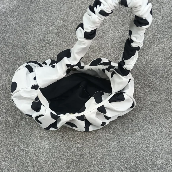 BLACK WHITE COW PRINT HANDBAG SHOULDER BAG Y2K POLYESTER RUCHED CARRY - Picture 5 of 5